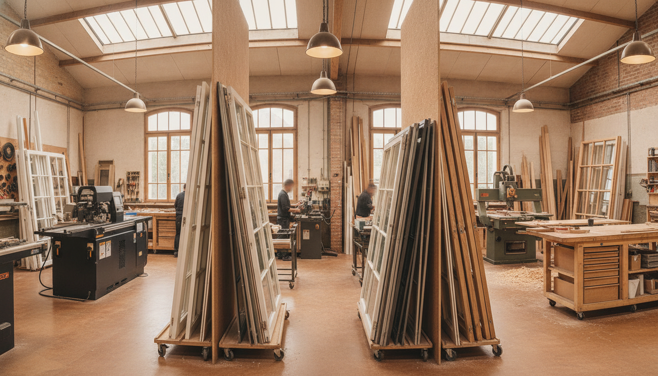 Atelier de fabrication de menuiseries à Presles, ambiance chaleureuse.