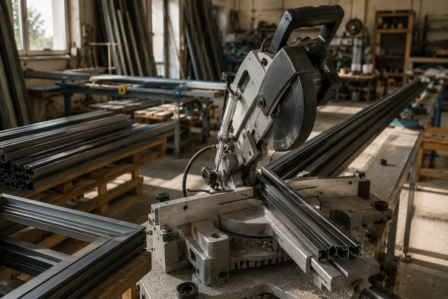 Atelier aluminium : coupe d’onglet et assemblage de profilés.