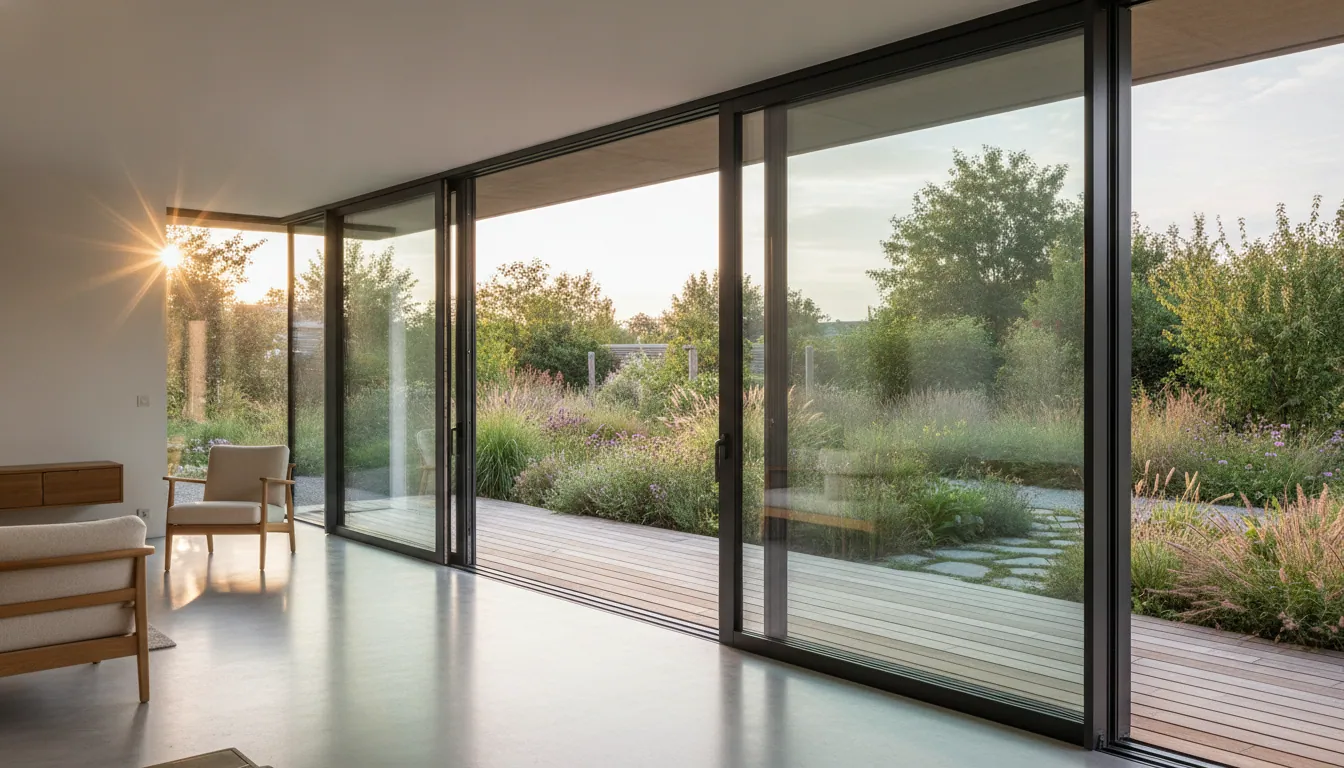 Grande baie coulissante aluminium aux profilés fins, architecture contemporaine, lumière naturelle.