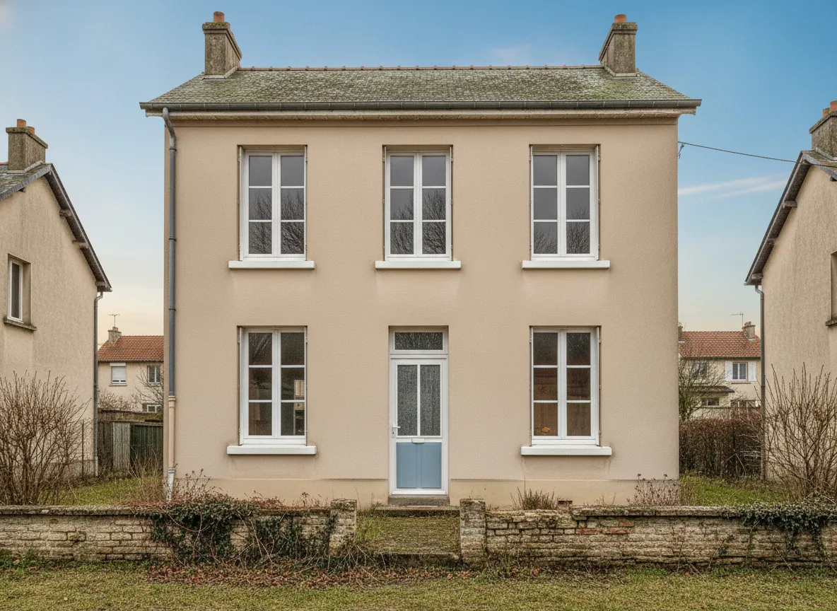 La même façade après rénovation : fenêtres et porte neuves, enduit ravivé, lumière chaleureuse.