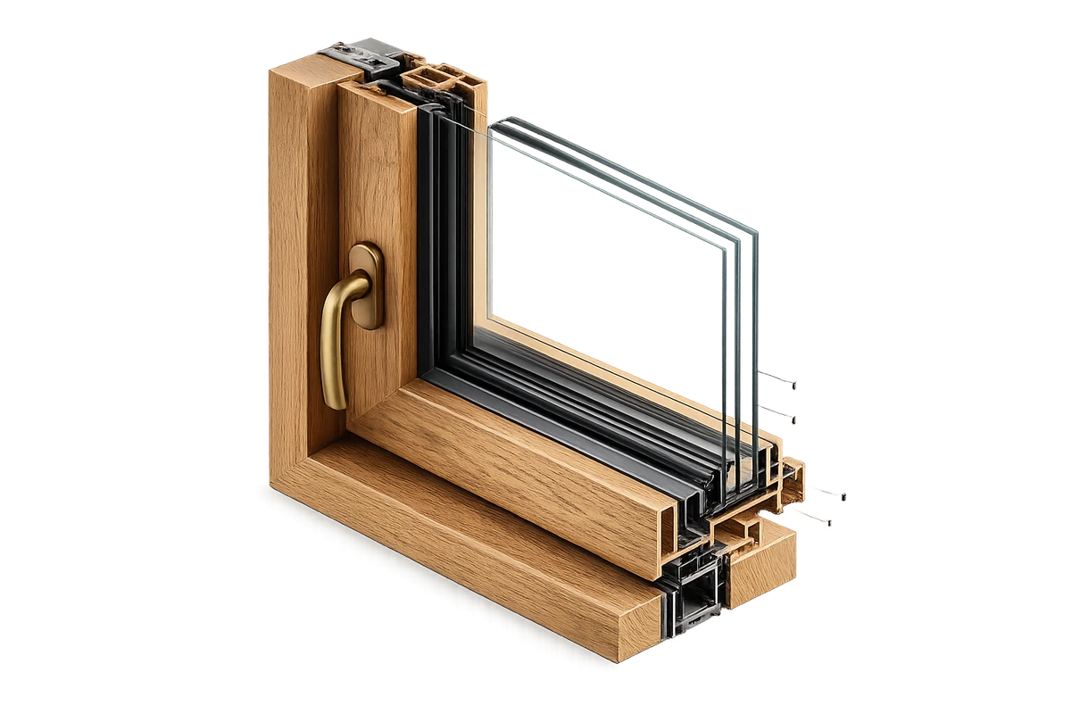 Coupe d’angle 3D éclatée d’une fenêtre en chêne : profilé bois, joints, double vitrage isolant et poignée laiton vieilli.