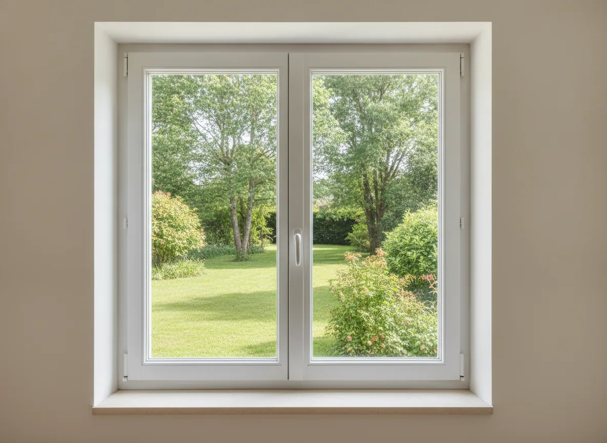 Fenêtre PVC blanche à deux vantaux ouvrant à la française, posée dans un mur clair, donnant sur un jardin.