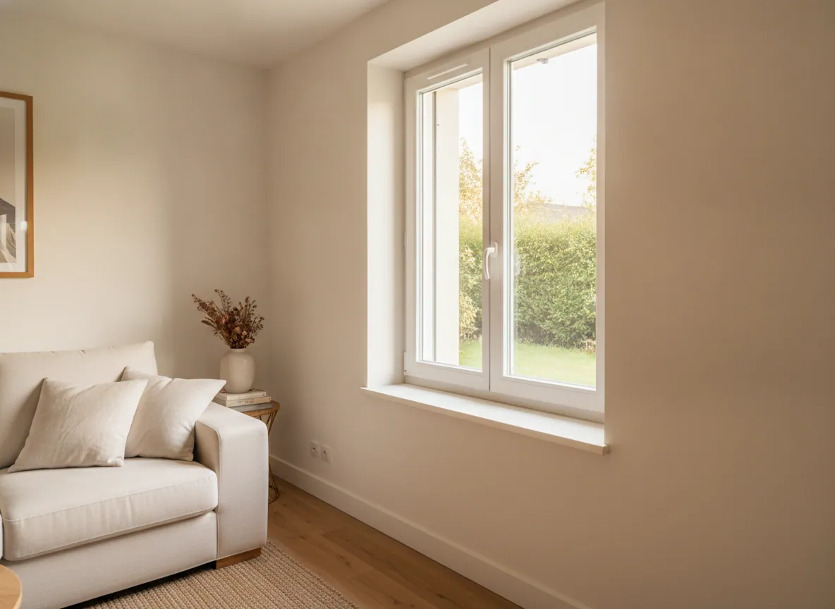 Fenêtre PVC blanche sur mesure dans un intérieur lumineux.