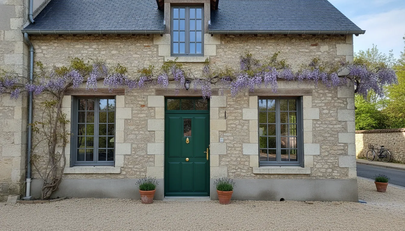Façade de maison rénovée avec menuiseries neuves posées : fenêtres, volets et porte d’entrée, chantier terminé.